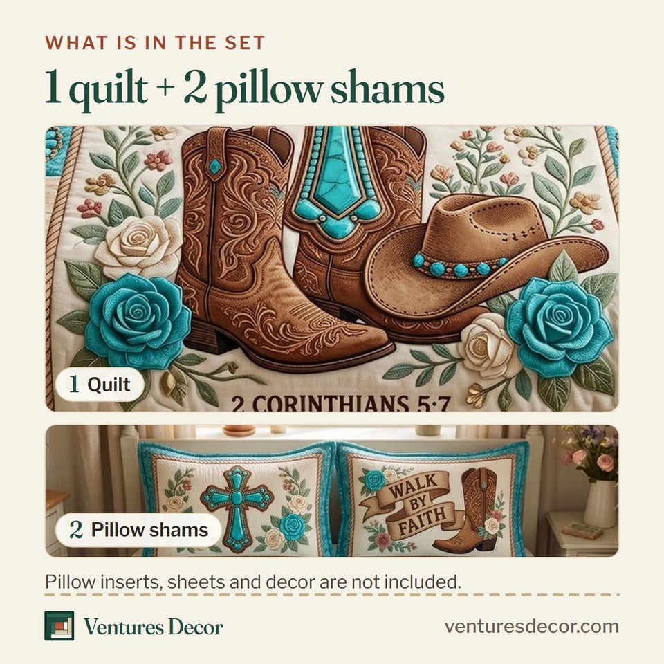 What is in the set: one quilt and two pillow shams, shown in the Turquoise Cross Ranch Roses design