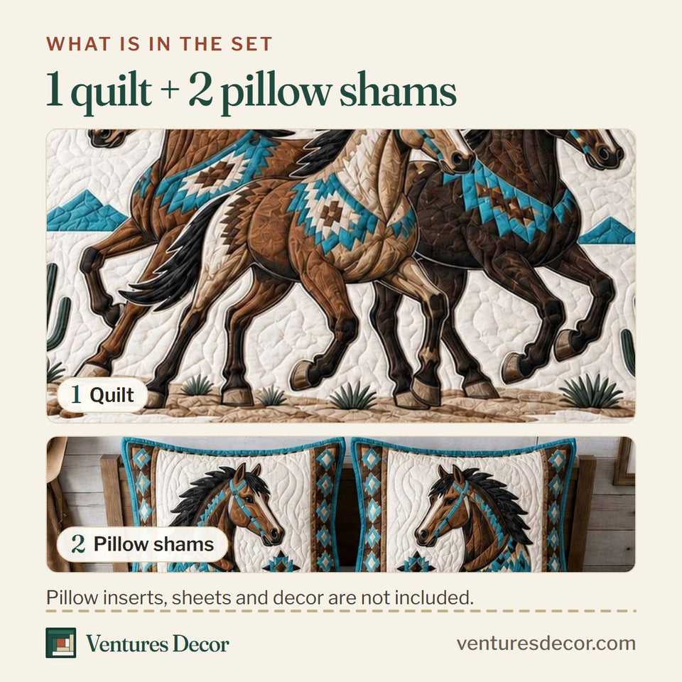 What is in the set: one quilt and two pillow shams, shown in the Turquoise Horse Spirit design