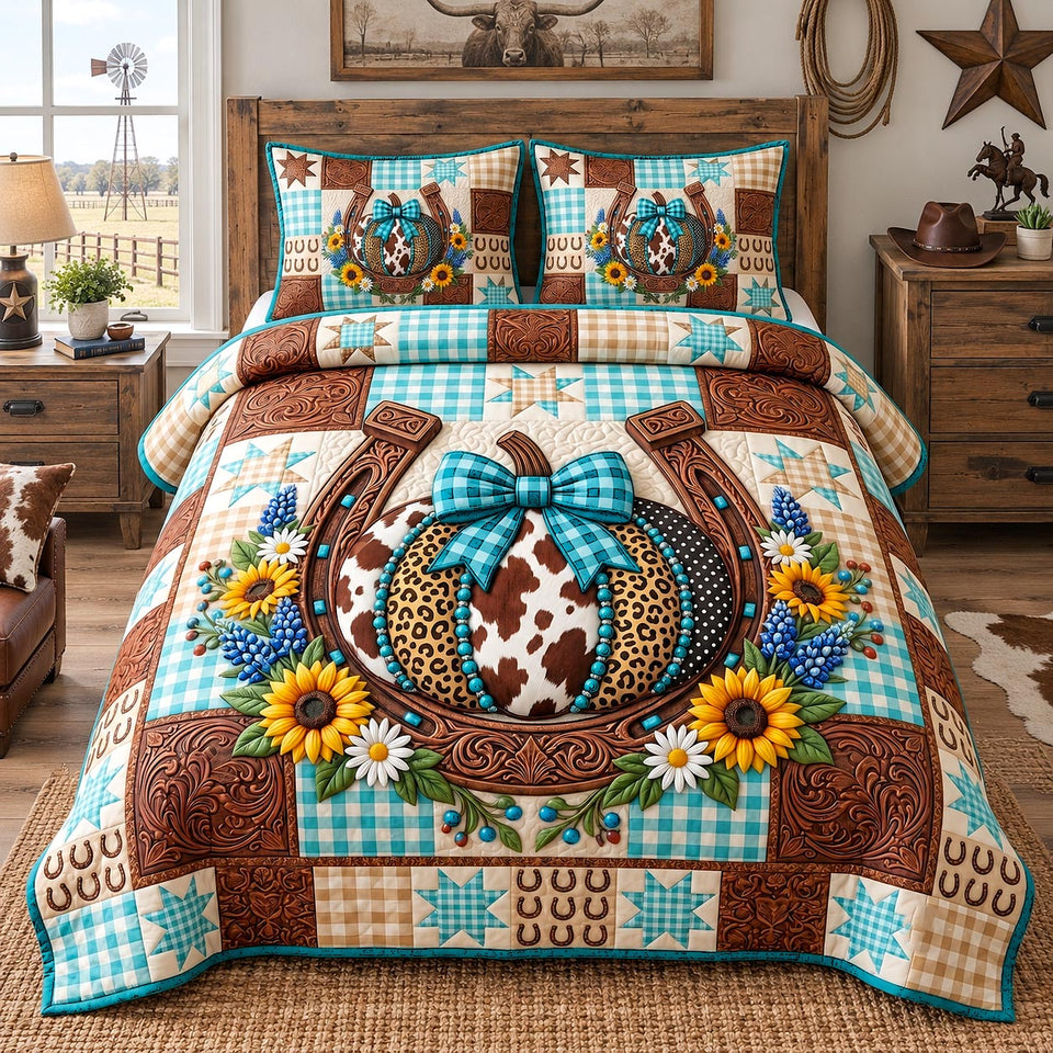 Turquoise Horseshoe Pumpkin quilted bedding set, quilt and two pillow shams on a made bed
