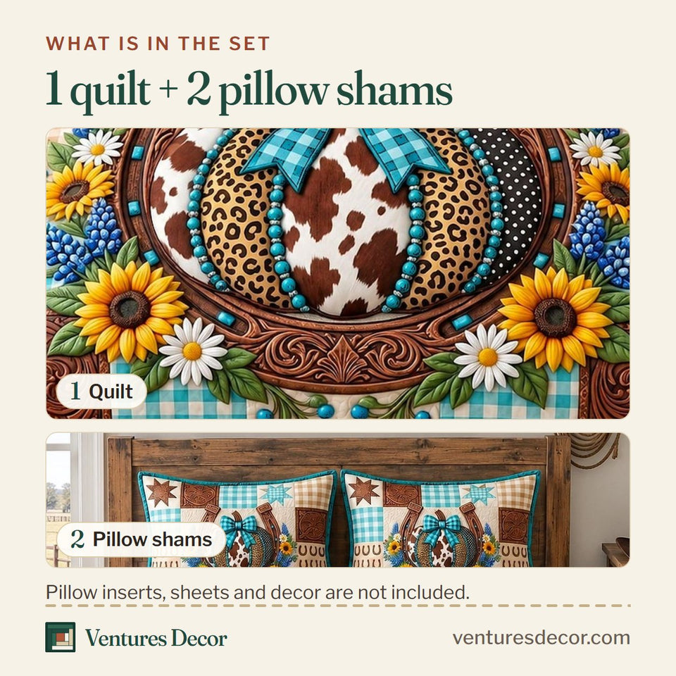 What is in the set: one quilt and two pillow shams, shown in the Turquoise Horseshoe Pumpkin design