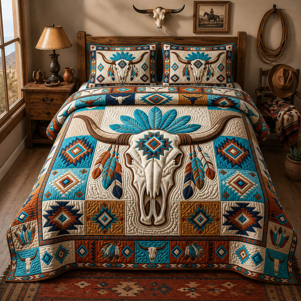 Turquoise Longhorn Skull quilted bedding set, quilt and two pillow shams on a made bed