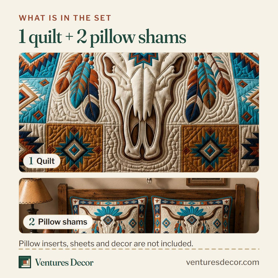 What is in the set: one quilt and two pillow shams, shown in the Turquoise Longhorn Skull design