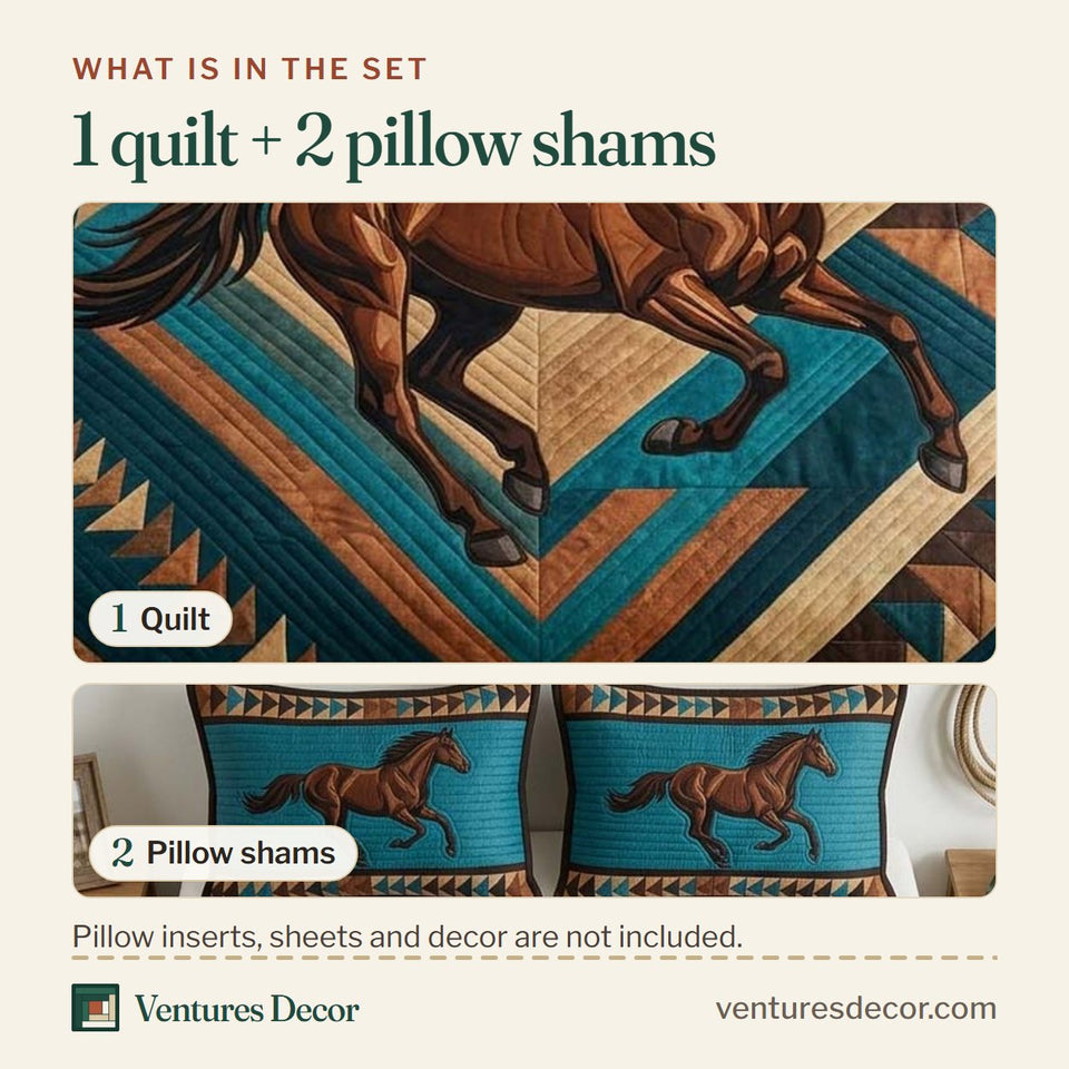 What is in the set: one quilt and two pillow shams, shown in the Turquoise Trail Running Horse design