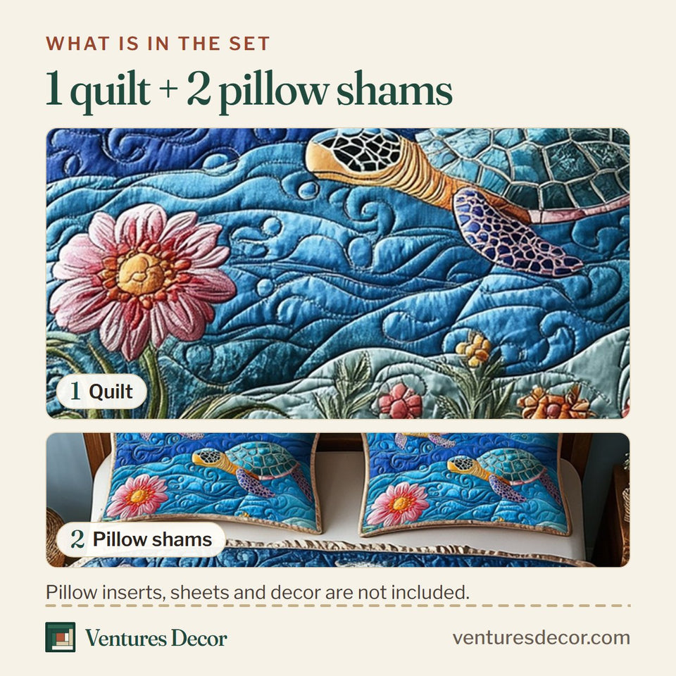 What is in the set: one quilt and two pillow shams, shown in the Turtle Blue Current With Pink Anemone design