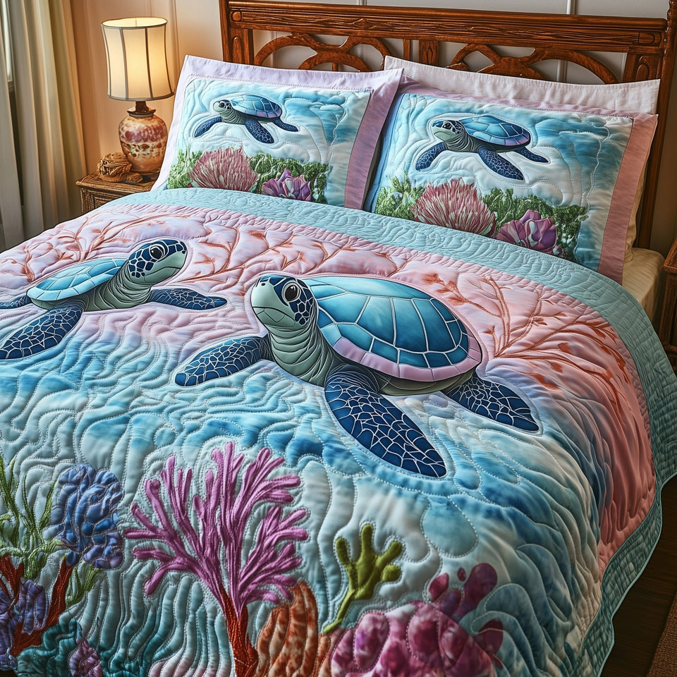 Turtle Coral Cove Pastel quilted bedding set, quilt and two pillow shams on a made bed
