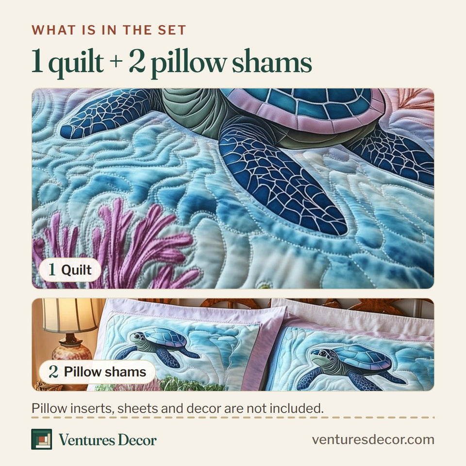 What is in the set: one quilt and two pillow shams, shown in the Turtle Coral Cove Pastel design