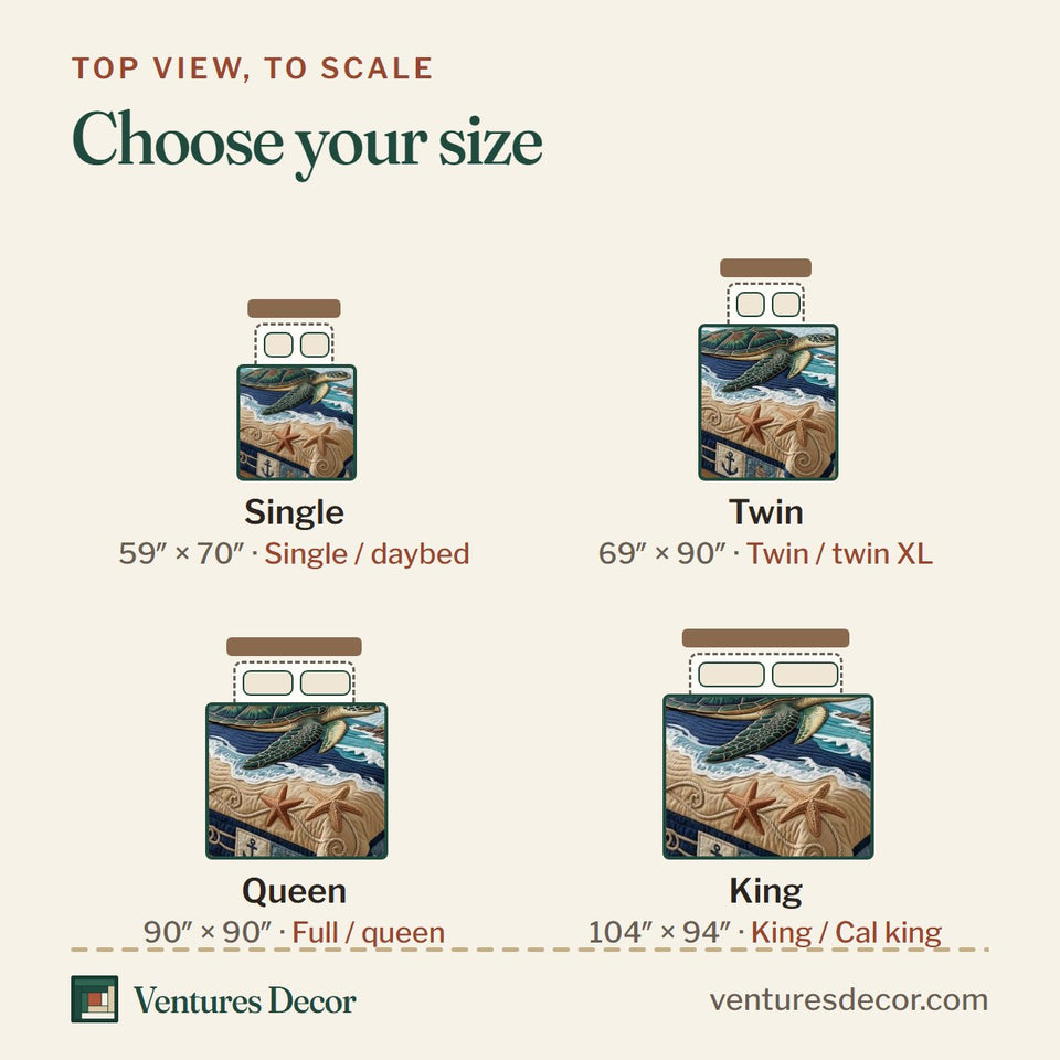 Size guide for the Turtle Cove Lighthouse quilt, top view to scale: Single 59 x 70 in, Twin 69 x 90 in, Queen 90 x 90 in, King 104 x 94 in