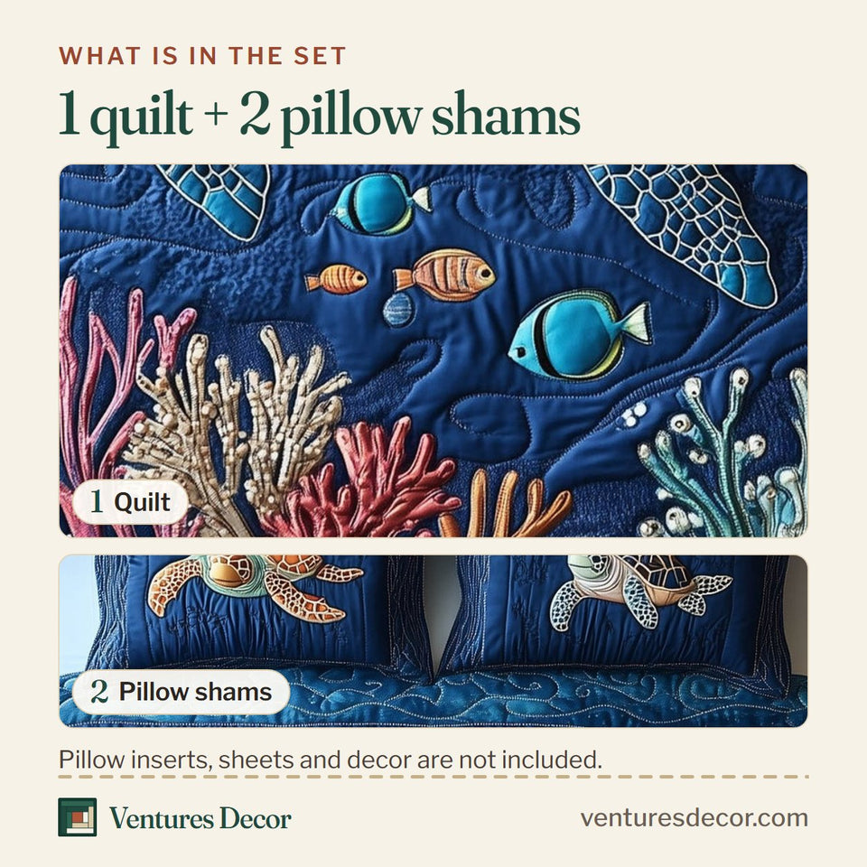 What is in the set: one quilt and two pillow shams, shown in the Turtle Deep Navy Coral Garden With Fish design