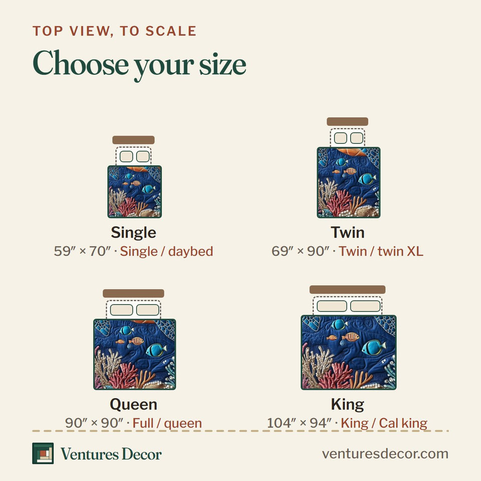 Size guide for the Turtle Deep Navy Coral Garden With Fish quilt, top view to scale: Single 59 x 70 in, Twin 69 x 90 in, Queen 90 x 90 in, King 104 x 94 in