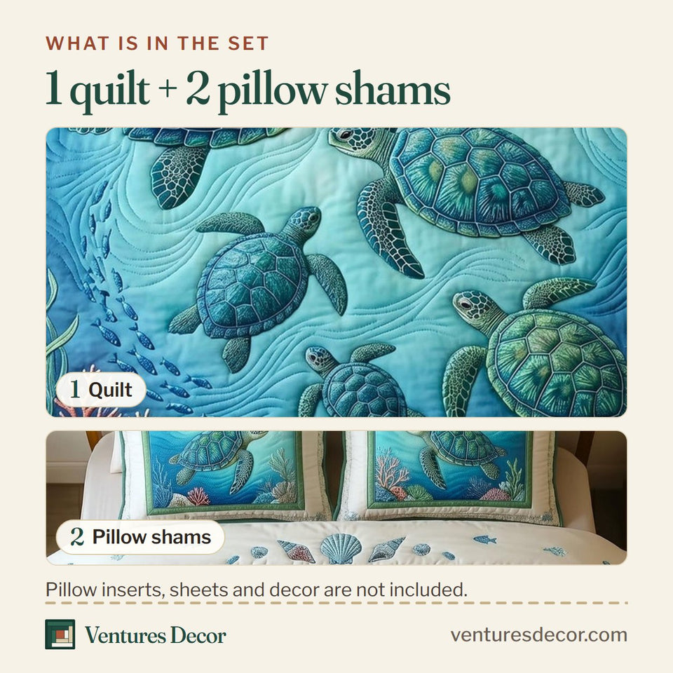 What is in the set: one quilt and two pillow shams, shown in the Turtle Family Current design