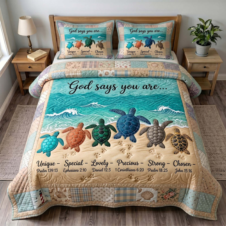 Turtle Grace Family Swimming the Shallows quilted bedding set, quilt and two pillow shams on a made bed