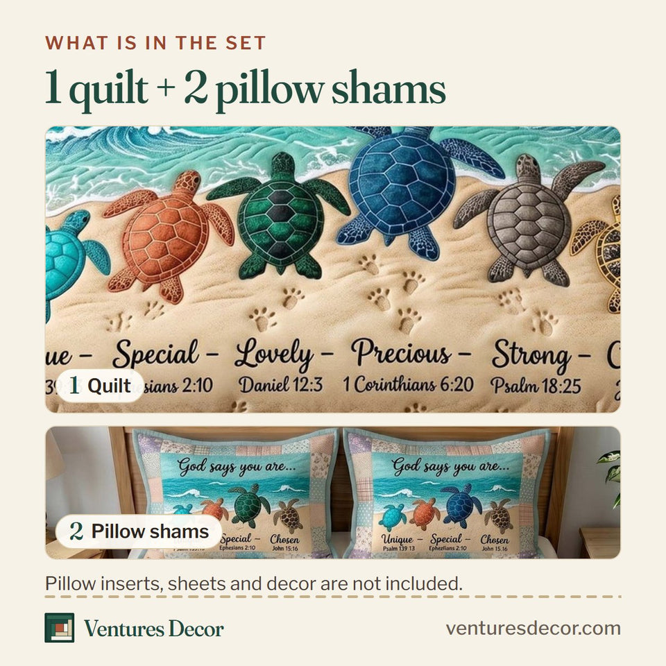 What is in the set: one quilt and two pillow shams, shown in the Turtle Grace Family Swimming the Shallows design