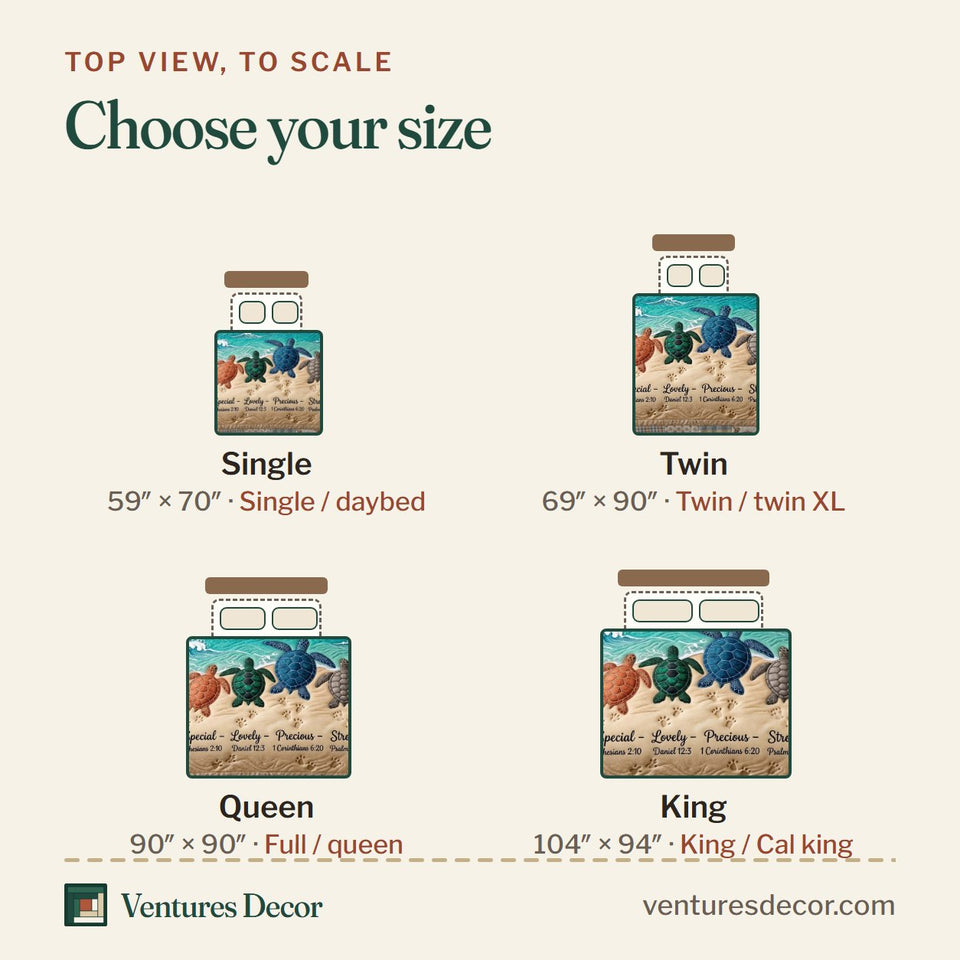 Size guide for the Turtle Grace Family Swimming the Shallows quilt, top view to scale: Single 59 x 70 in, Twin 69 x 90 in, Queen 90 x 90 in, King 104 x 94 in