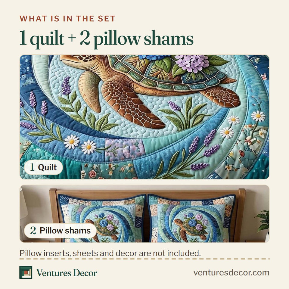 What is in the set: one quilt and two pillow shams, shown in the Turtle Hydrangea Current design