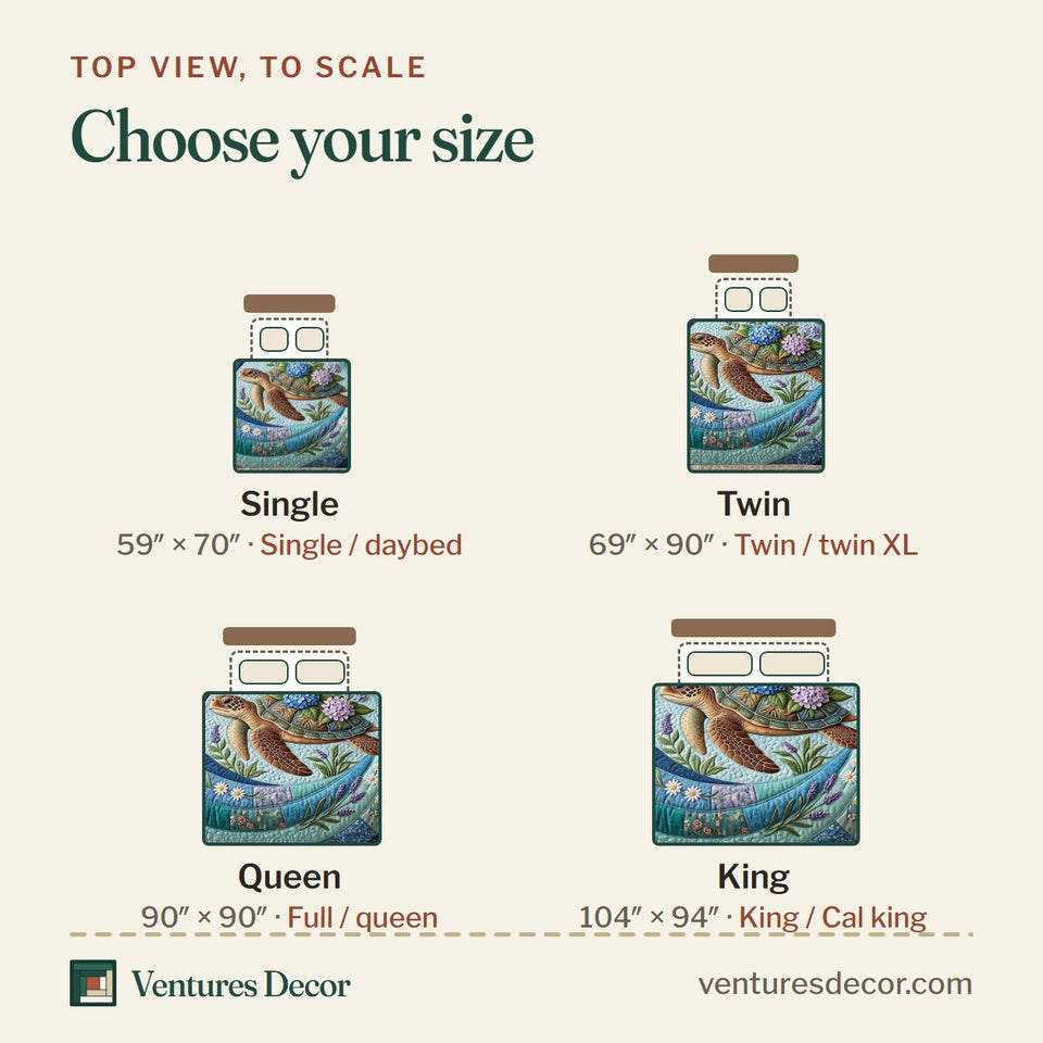 Size guide for the Turtle Hydrangea Current quilt, top view to scale: Single 59 x 70 in, Twin 69 x 90 in, Queen 90 x 90 in, King 104 x 94 in