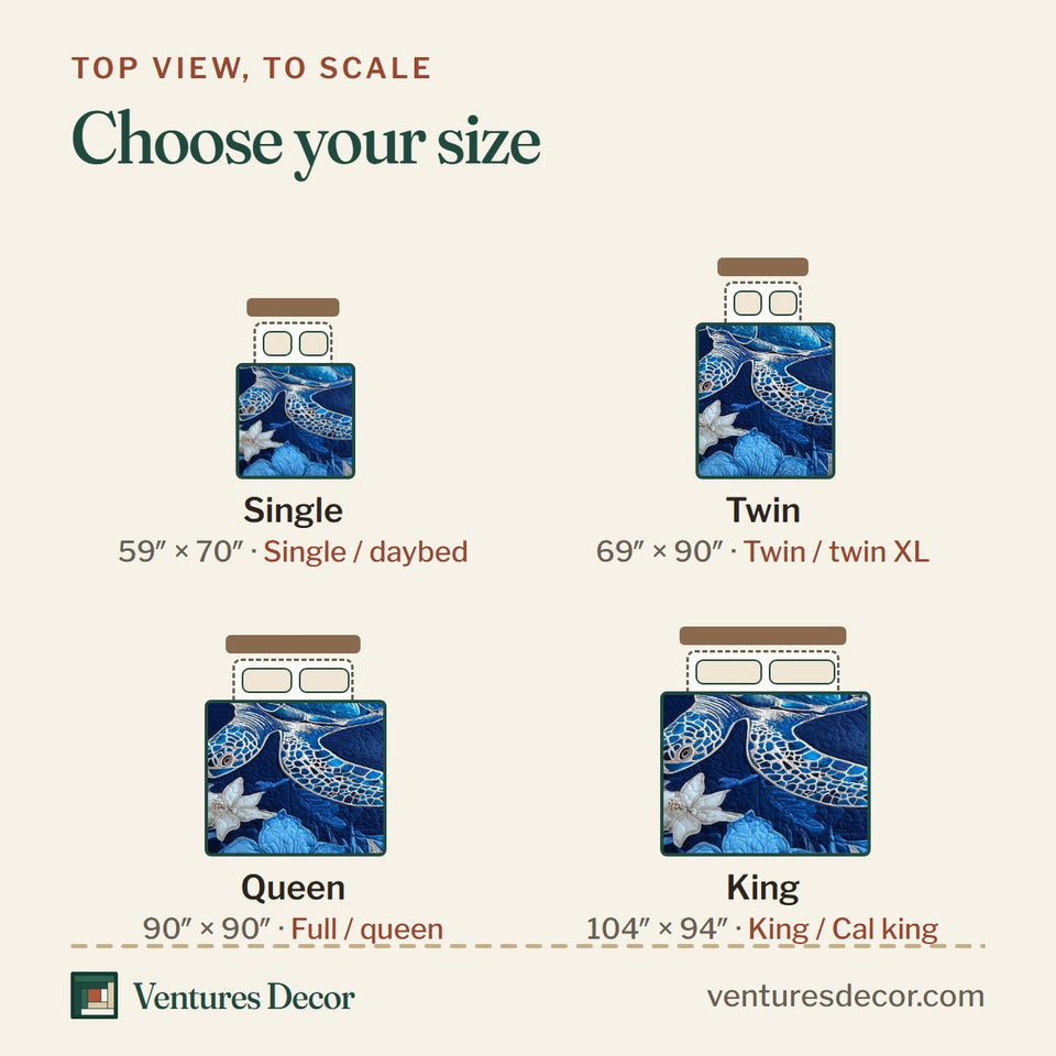 Size guide for the Turtle Oasis Indigo Hibiscus Silhouettes quilt, top view to scale: Single 59 x 70 in, Twin 69 x 90 in, Queen 90 x 90 in, King 104 x 94 in