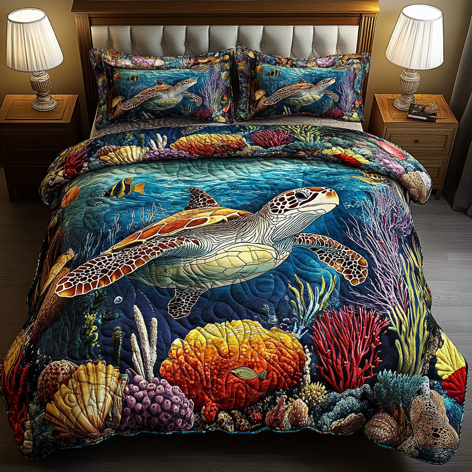 Turtle Ocean Vivid Coral Garden Swim quilted bedding set, quilt and two pillow shams on a made bed
