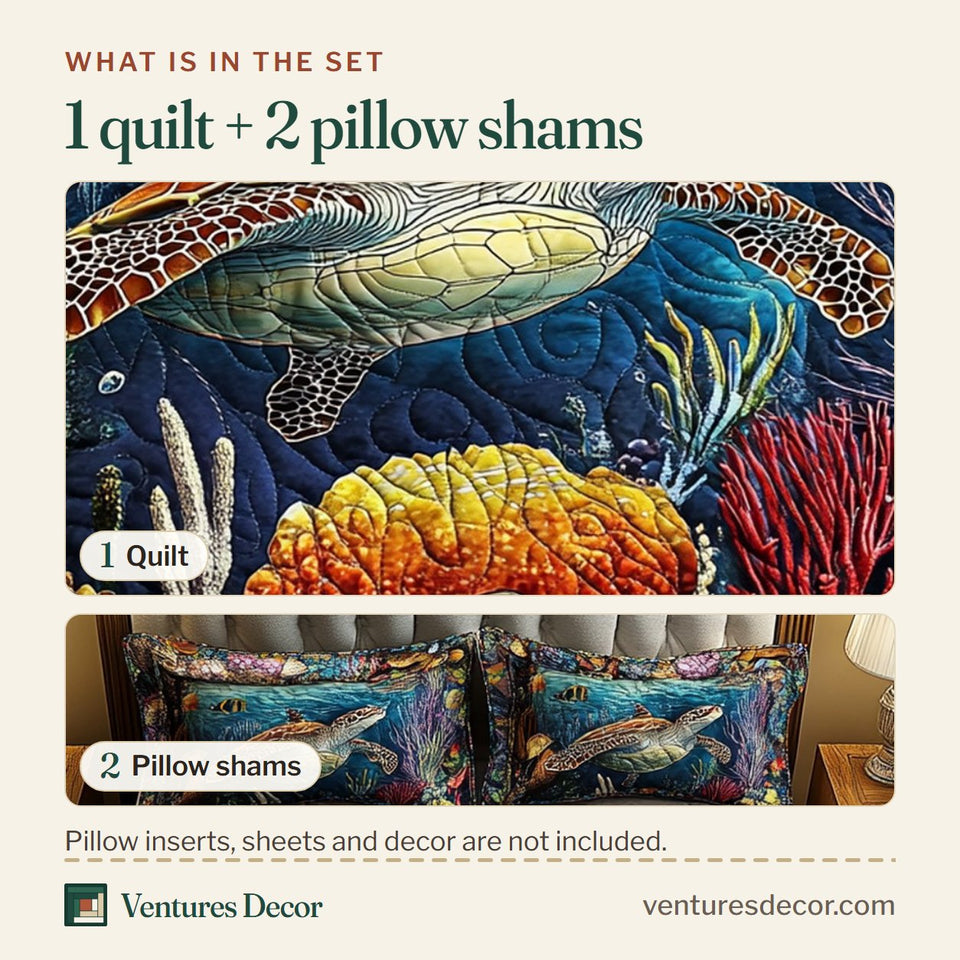What is in the set: one quilt and two pillow shams, shown in the Turtle Ocean Vivid Coral Garden Swim design