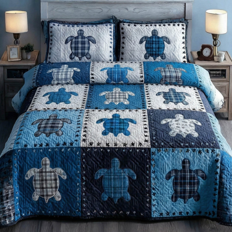 Turtle Patchwork Blue And White Plaid Blocks quilted bedding set, quilt and two pillow shams on a made bed