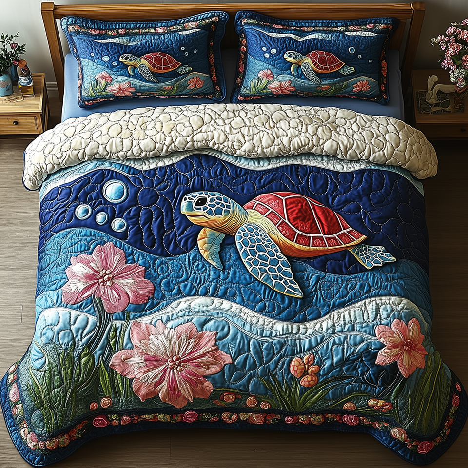 Turtle Red Shell Among Water Lilies quilted bedding set, quilt and two pillow shams on a made bed
