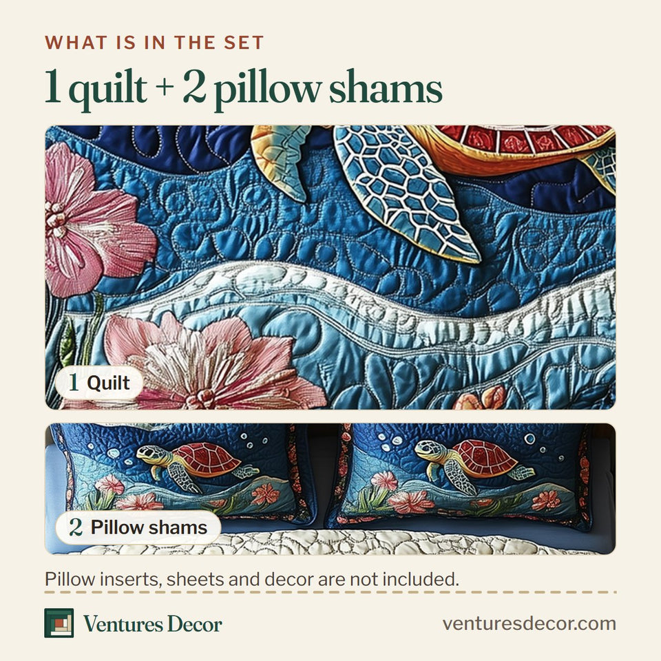 What is in the set: one quilt and two pillow shams, shown in the Turtle Red Shell Among Water Lilies design