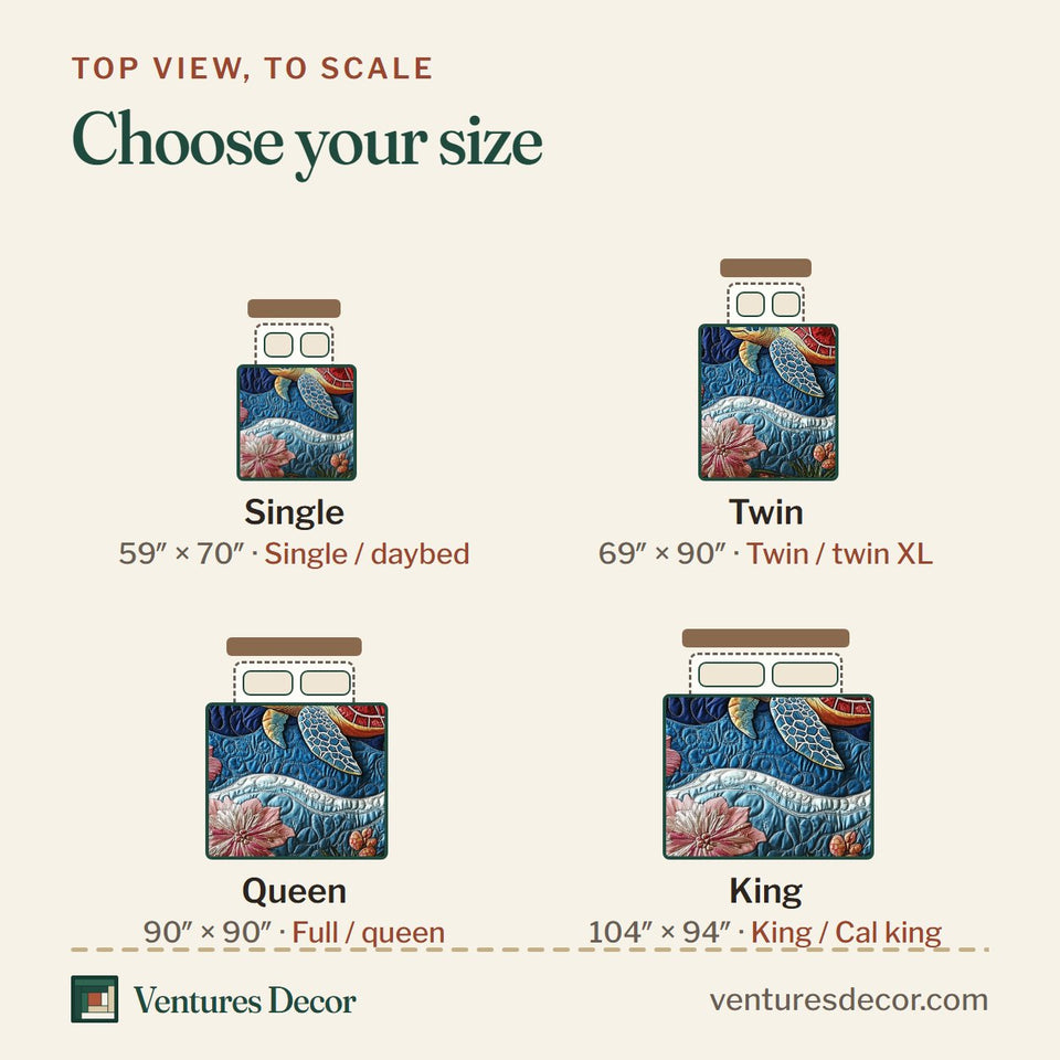 Size guide for the Turtle Red Shell Among Water Lilies quilt, top view to scale: Single 59 x 70 in, Twin 69 x 90 in, Queen 90 x 90 in, King 104 x 94 in