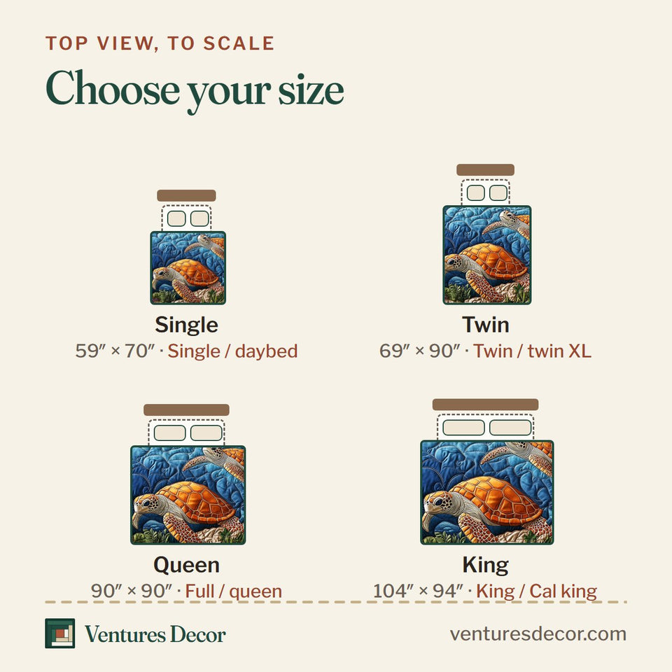 Size guide for the Turtle Rocky Seabed Green Kelp Forest quilt, top view to scale: Single 59 x 70 in, Twin 69 x 90 in, Queen 90 x 90 in, King 104 x 94 in