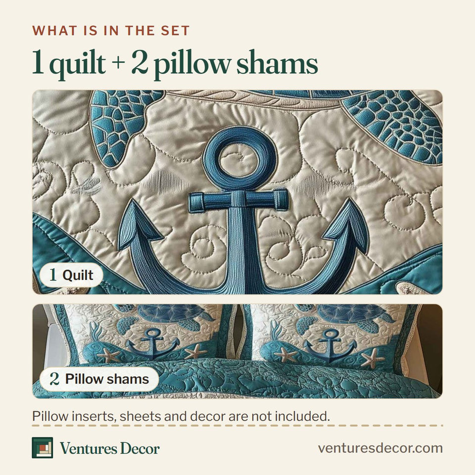 What is in the set: one quilt and two pillow shams, shown in the Turtle’s Haven design