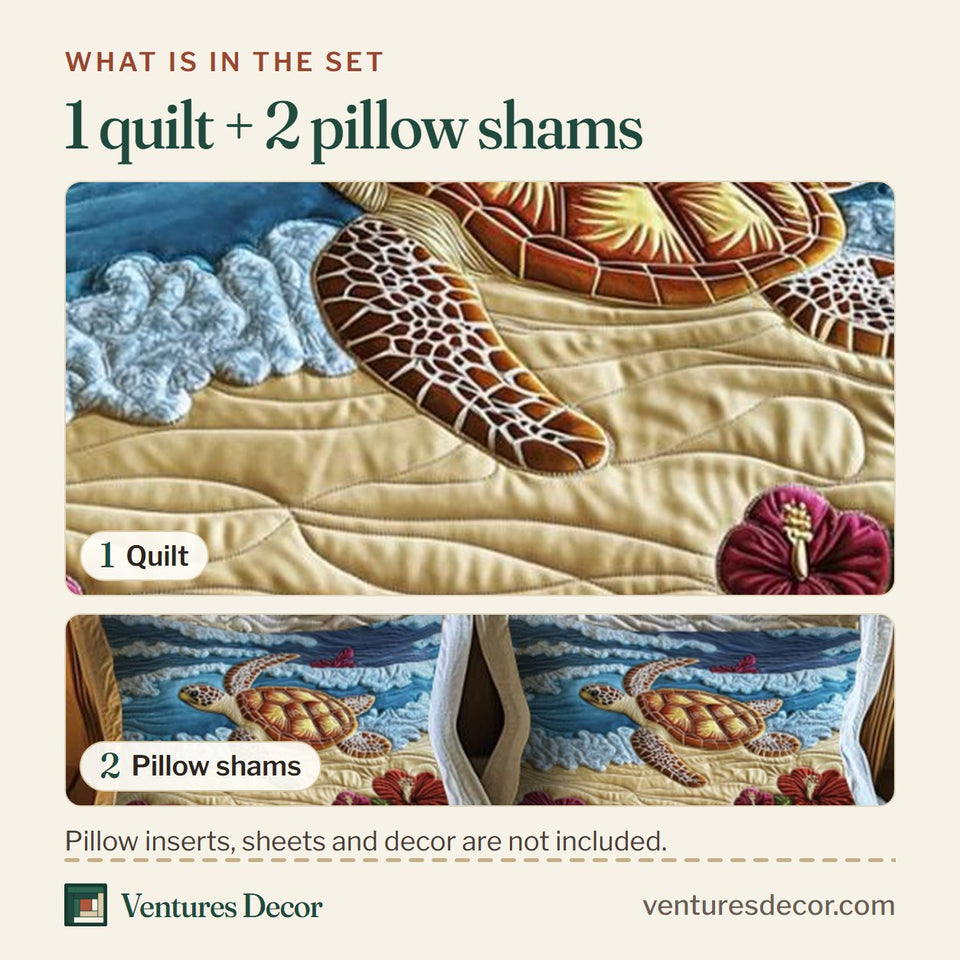 What is in the set: one quilt and two pillow shams, shown in the Turtle Tides Retreat design