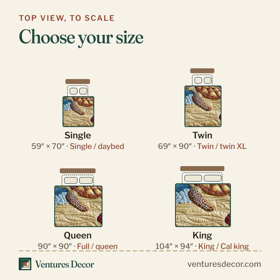 Size guide for the Turtle Tides Retreat quilt, top view to scale: Single 59 x 70 in, Twin 69 x 90 in, Queen 90 x 90 in, King 104 x 94 in
