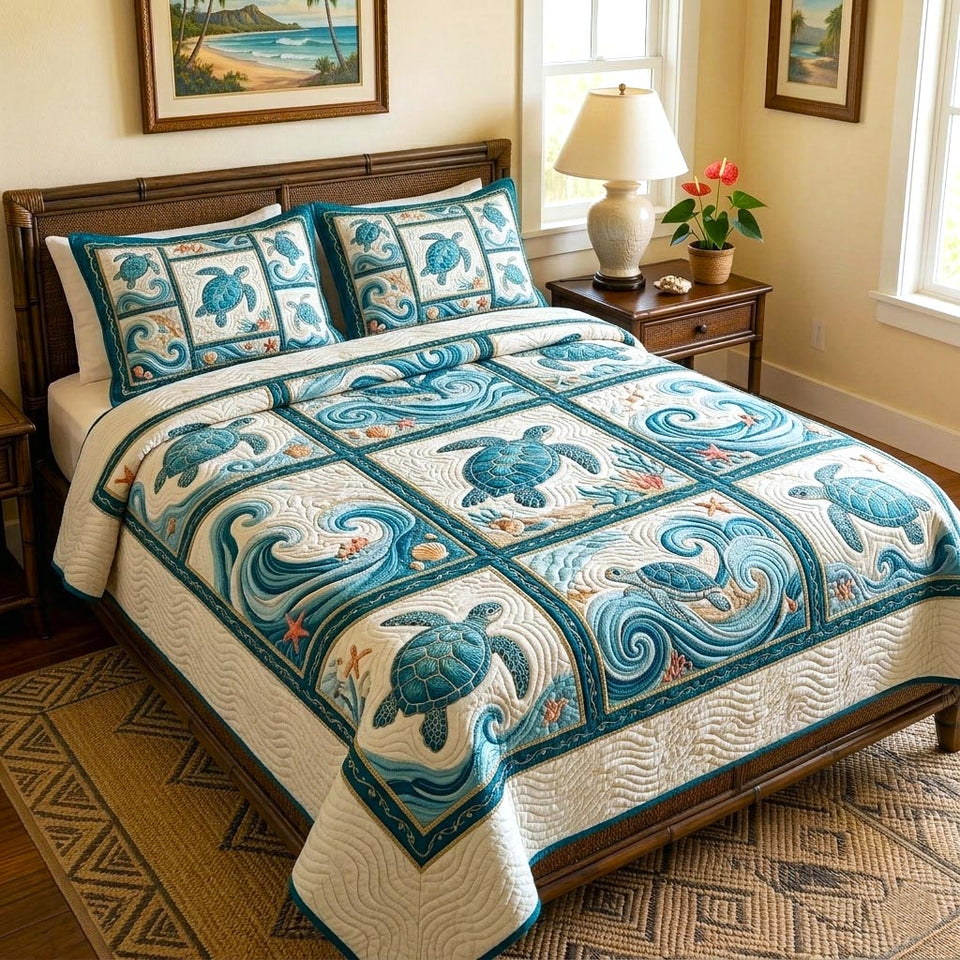 Turtle Wave Tide Tiles quilted bedding set, quilt and two pillow shams on a made bed