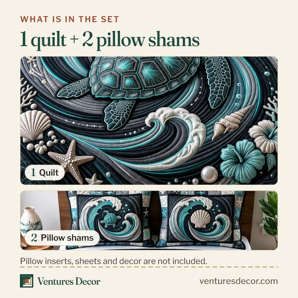 What is in the set: one quilt and two pillow shams, shown in the Turtle Wisdom design