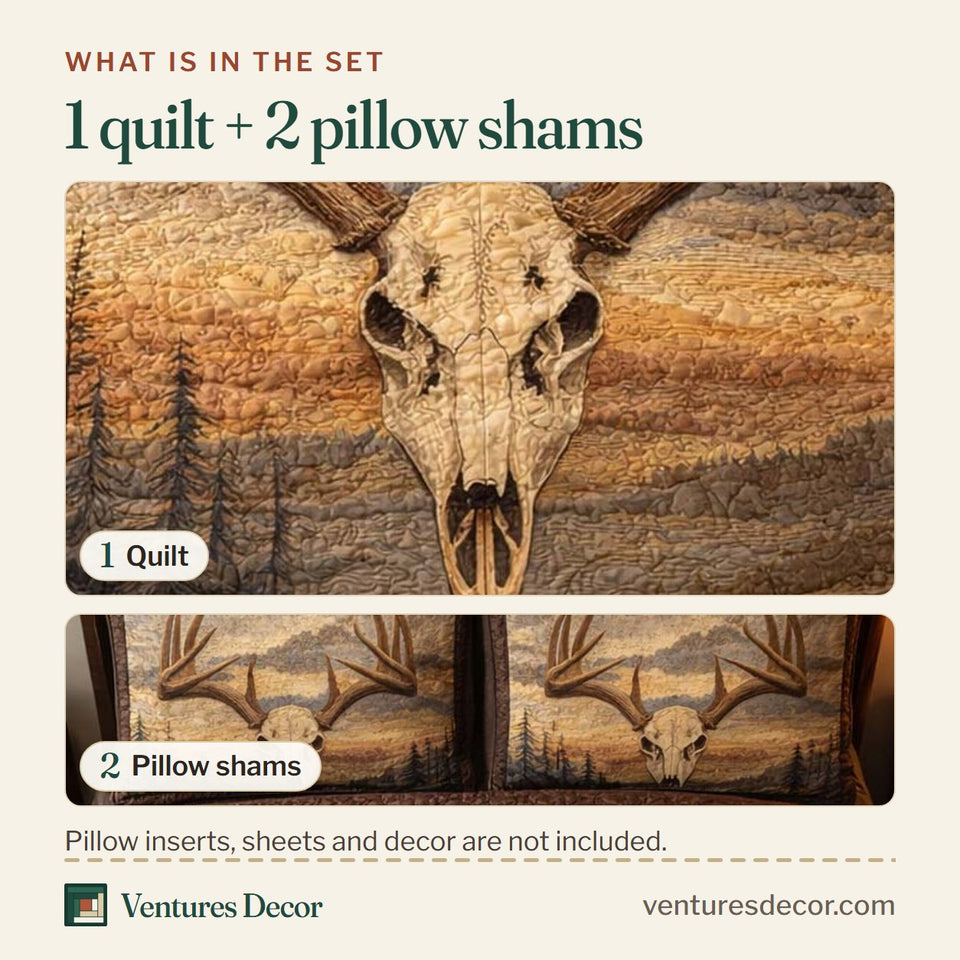What is in the set: one quilt and two pillow shams, shown in the Twilight Antlers design