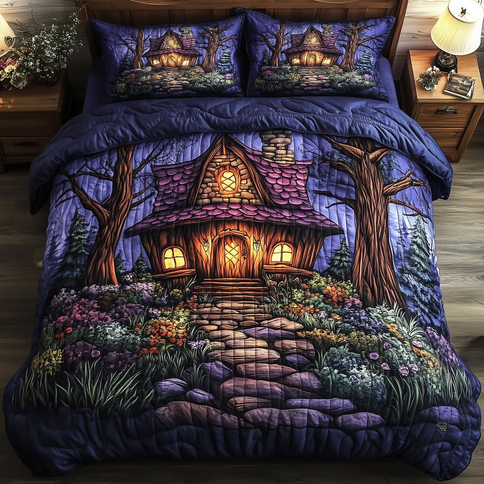 Twilight Fairy Cottage quilted bedding set, quilt and two pillow shams on a made bed