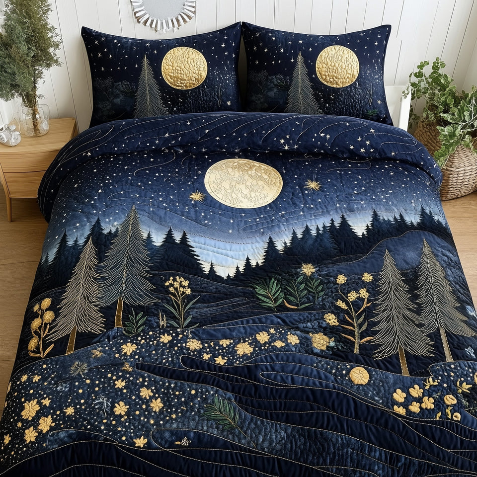 Twilight Meadow Double Moon quilted bedding set, quilt and two pillow shams on a made bed