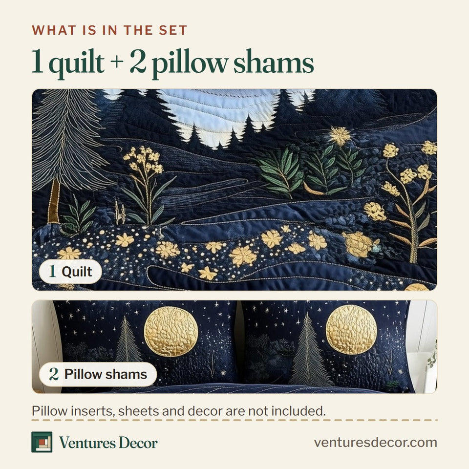 What is in the set: one quilt and two pillow shams, shown in the Twilight Meadow Double Moon design