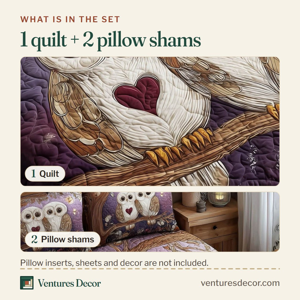 What is in the set: one quilt and two pillow shams, shown in the Twilight Owl Sweethearts design