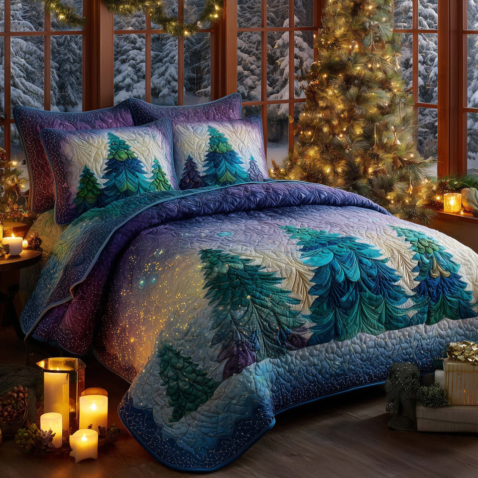 Twilight Pine Shimmer quilted bedding set, quilt and two pillow shams on a made bed