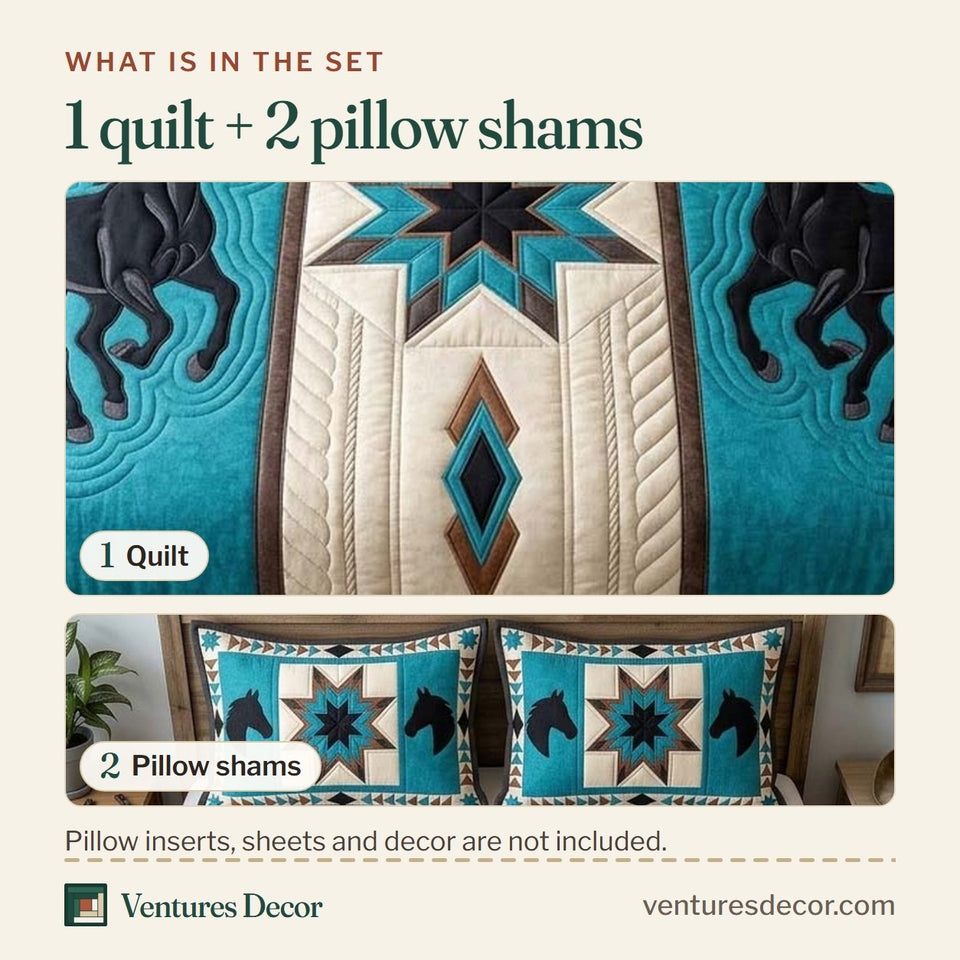 What is in the set: one quilt and two pillow shams, shown in the Twin Horse design