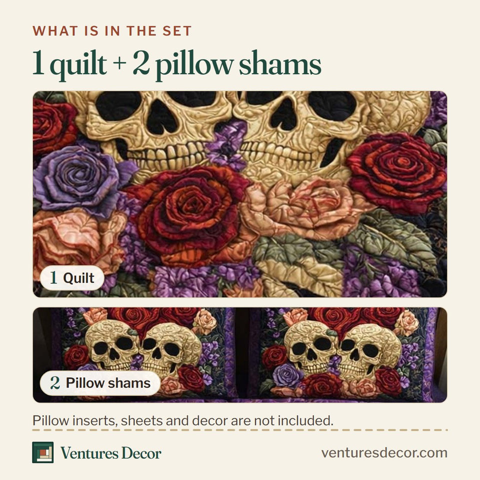 What is in the set: one quilt and two pillow shams, shown in the Twin Relics design