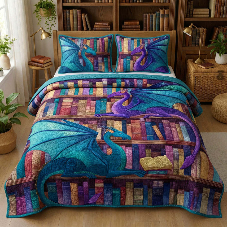 Twin Scholars quilted bedding set, quilt and two pillow shams on a made bed
