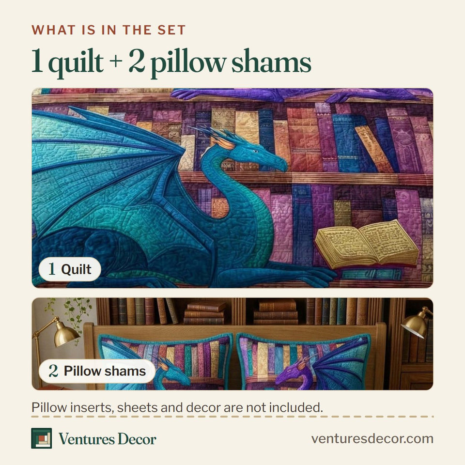 What is in the set: one quilt and two pillow shams, shown in the Twin Scholars design