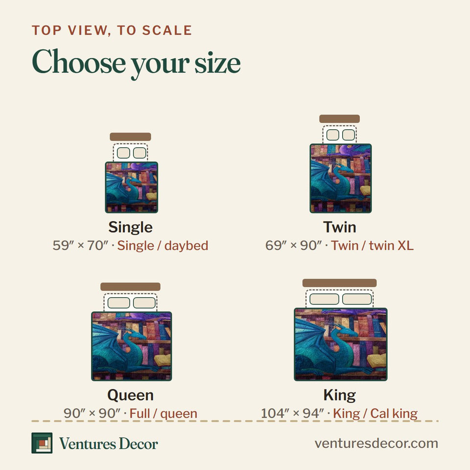 Size guide for the Twin Scholars quilt, top view to scale: Single 59 x 70 in, Twin 69 x 90 in, Queen 90 x 90 in, King 104 x 94 in