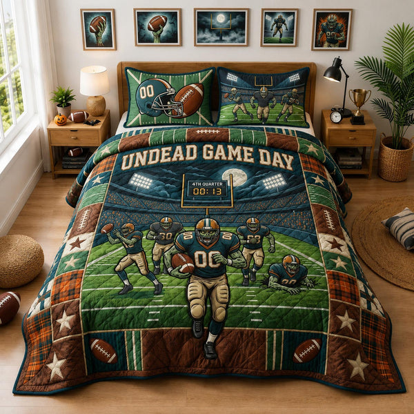 Undead Game Day quilted bedding set, quilt and two pillow shams on a made bed
