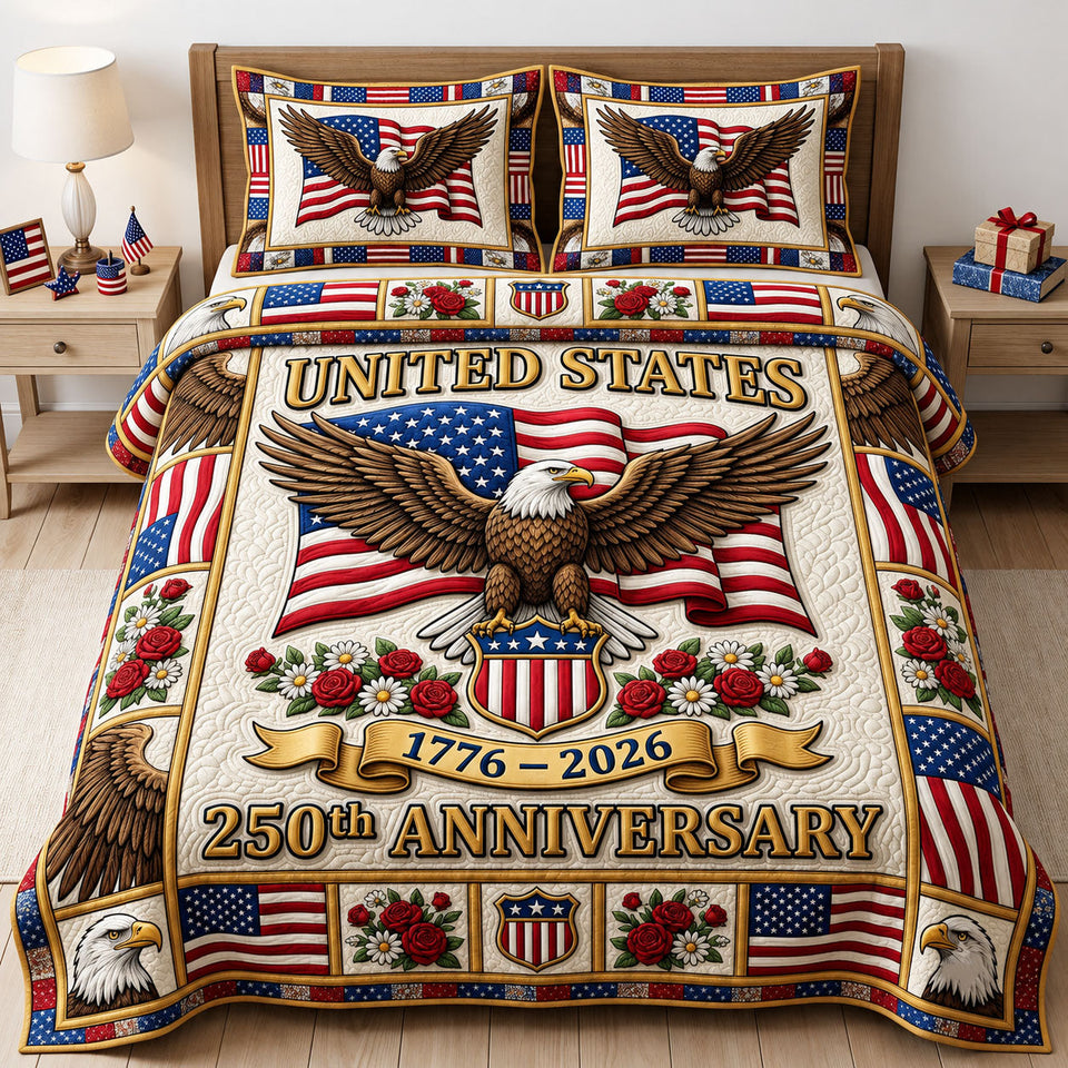 United States Eagle Crest quilted bedding set, quilt and two pillow shams on a made bed