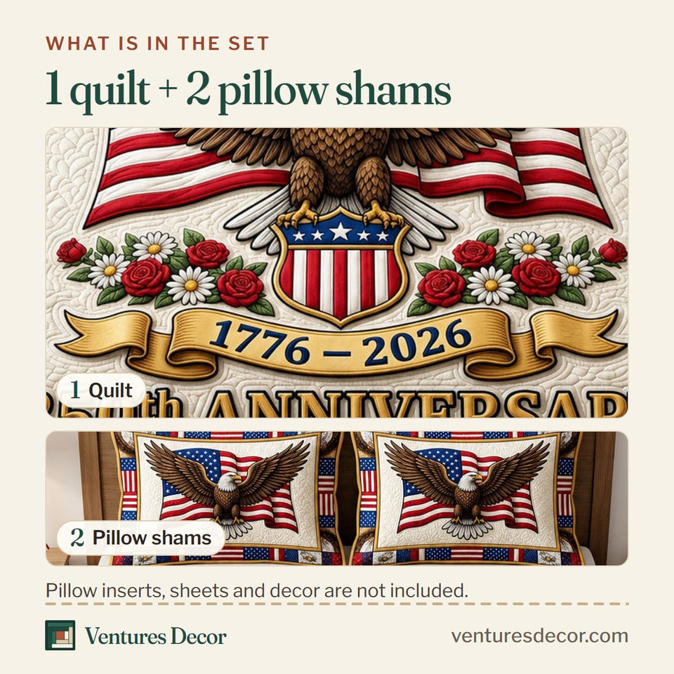 What is in the set: one quilt and two pillow shams, shown in the United States Eagle Crest design