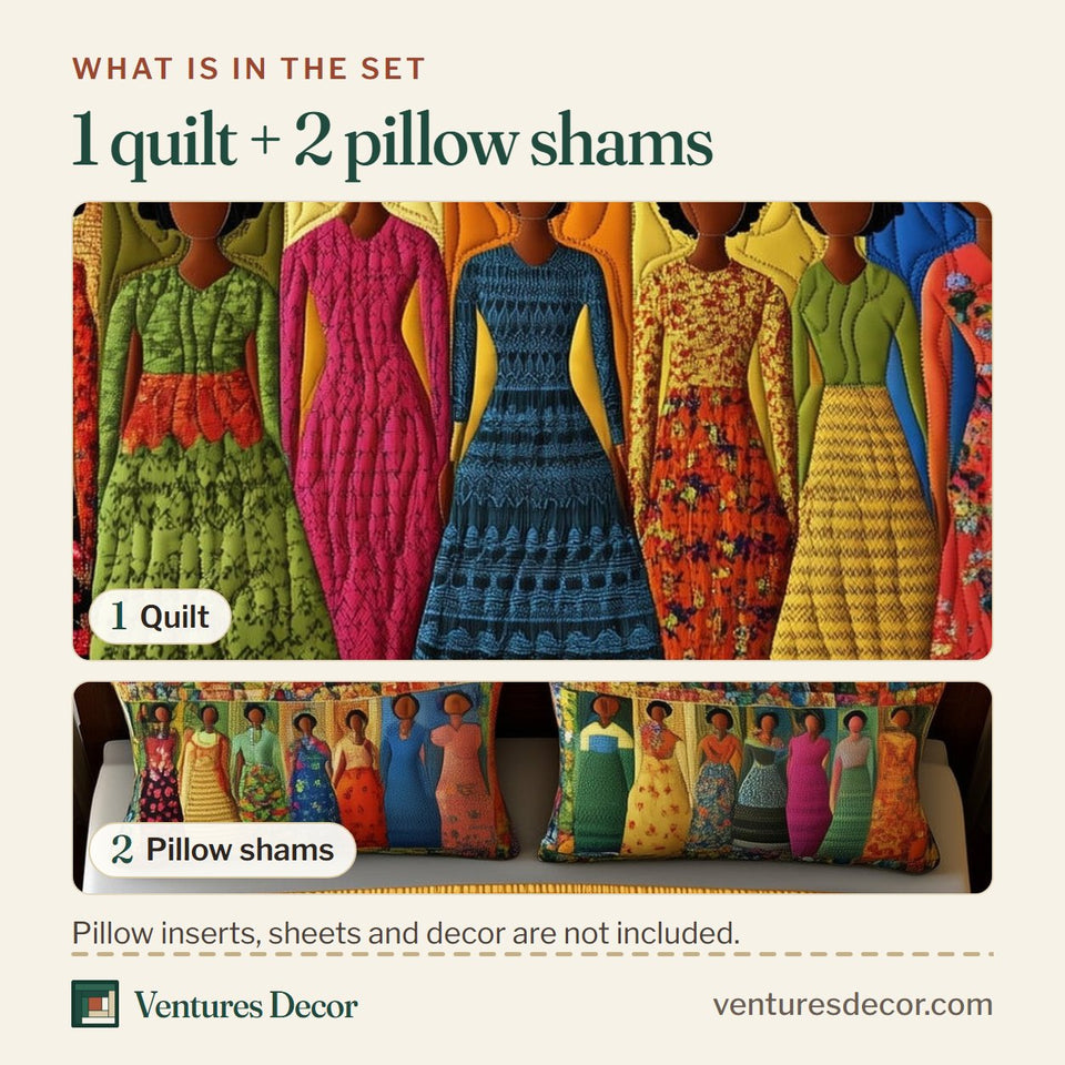 What is in the set: one quilt and two pillow shams, shown in the Unity Dress Gathering design