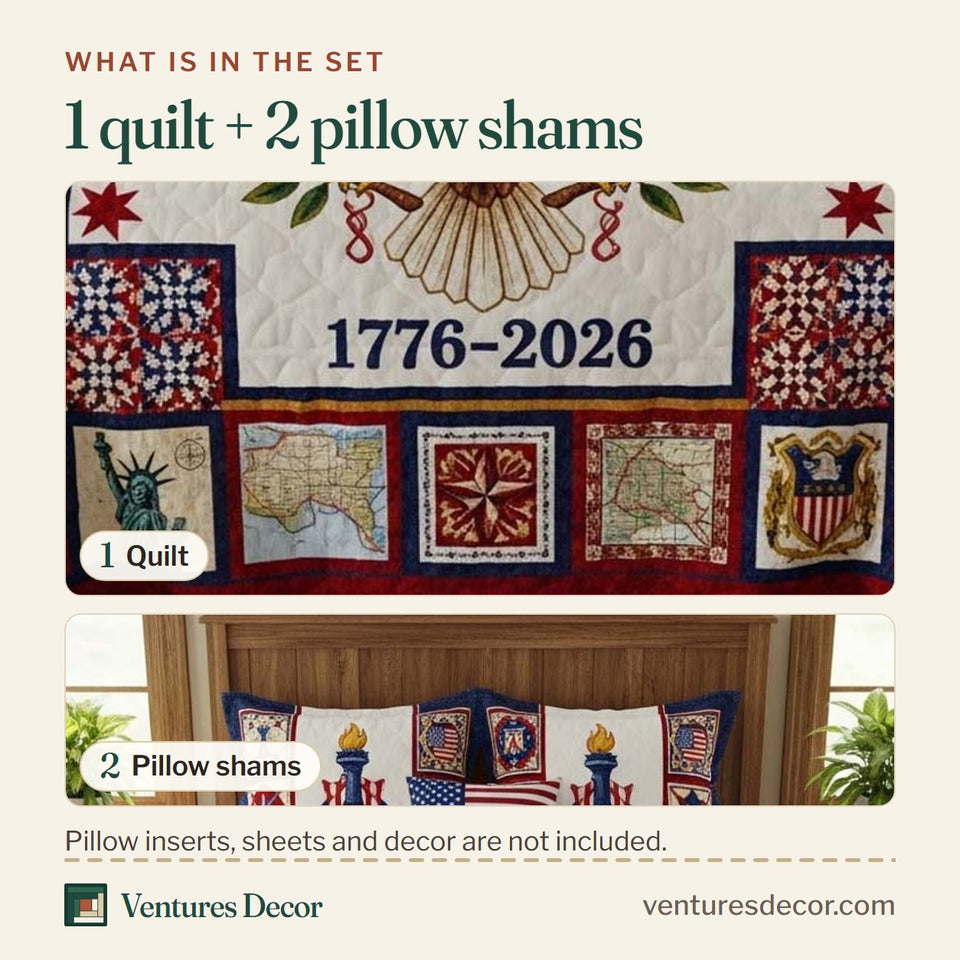 What is in the set: one quilt and two pillow shams, shown in the Unity Quilt design