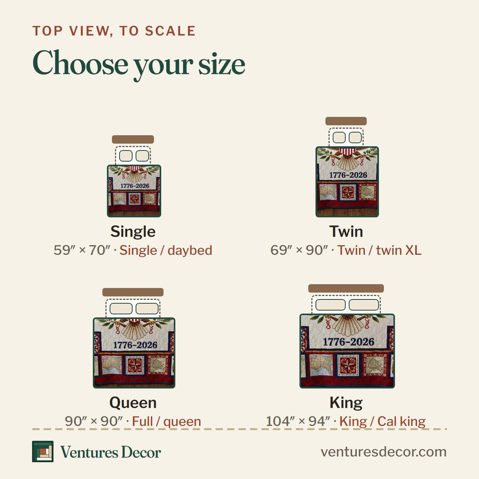 Size guide for the Unity Quilt quilt, top view to scale: Single 59 x 70 in, Twin 69 x 90 in, Queen 90 x 90 in, King 104 x 94 in