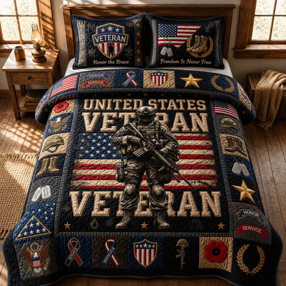 US Veteran Kneeling Soldier And Ribbon Patches quilted bedding set, quilt and two pillow shams on a made bed
